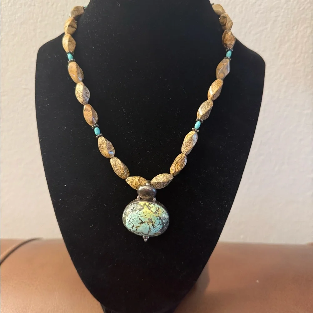 Handmade turquoise pendant on sterling necklace with barrel jasper stone beads